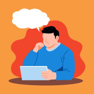 Düz vektör çizimi, derin düşüncelere sahip bir adam, boş bir konuşma baloncuğu ile bir tablet tutuyor, resimleme düşünme, beyin fırtınası, dijital etkileşim, çevrimiçi öğrenme ve iletişim için idealdir.