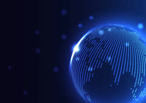 Birbirine bağlı sayısız noktadan oluşan parlayan mavi küre. Küre, derin ve yıldızlı bir gökyüzüne karşı kurulmuş. Bu da kozmik ve teknolojik bir temayı işaret ediyor..