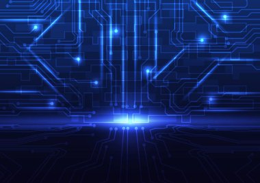 Elektronik devre kartı, esrarengiz bir siyah zemine karşı parlak mavi tonlarla aydınlatılmış.