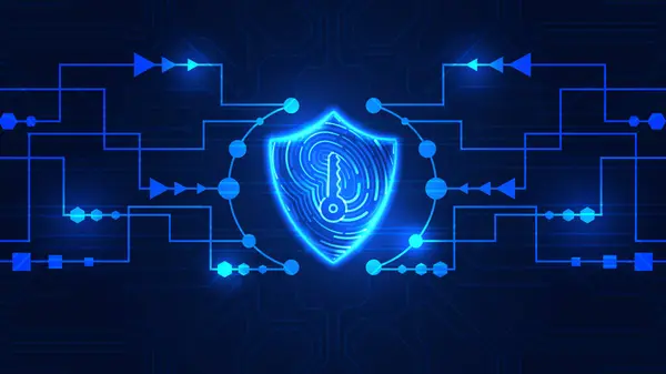 Fütürist siber güvenlik illüstrasyonunda dijital ağ içinde parlayan mavi bir kalkan ve parmak izi taraması var. Teknoloji blogları, güvenlik sistemleri pazarlaması veya veri gizliliği ve kimlik doğrulaması ile ilgili kavramlar için ideal