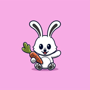 Havuç karikatürü tutarken oturan sevimli tavşan.