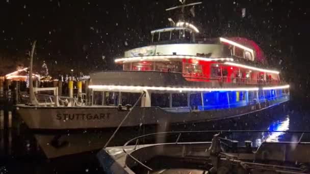 Constanza Barco Navidad Con Hermosa Iluminación Mercado Navidad Con Nieve — Vídeo de stock