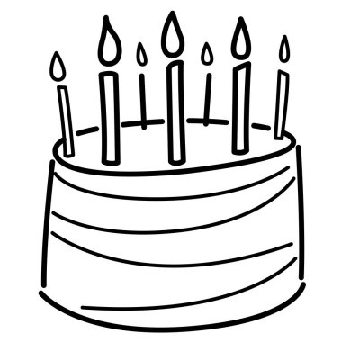 Hand-drawn birthday cake with black lines. 