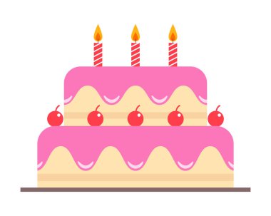 Mumlu doğum günü pastası çizgi film tarzı, beyaz arka planda fırın çizimleri..