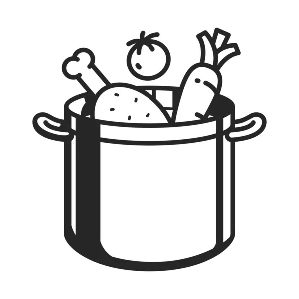 画一个黑色的大锅 一个装有肉 蔬菜和水果的锅 — 图库矢量图片