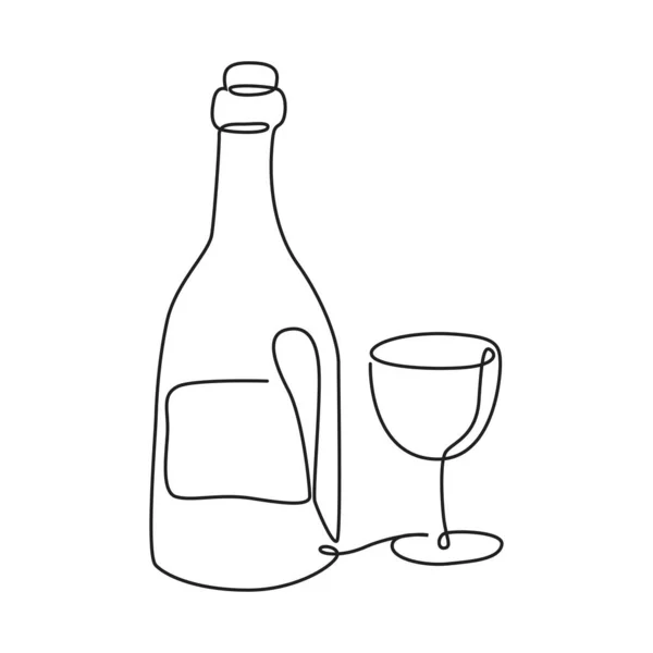 Flaska Och Glas Vin Kontinuerlig Linje Ritning Handritad Stil Dryck — Stock vektor