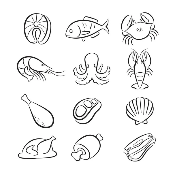 Fresh Meat Seafood Drawing Set Black Lines White Background — Stock Vector