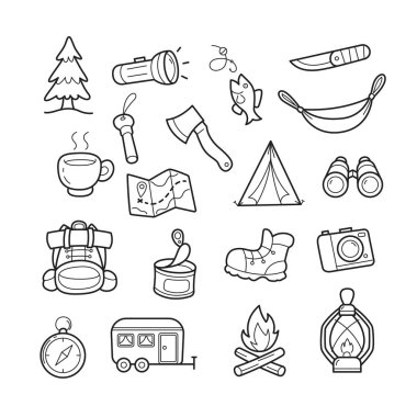 Kamp ve beyaz arka plan üzerinde izole elemanları, yürüyüş ve elle çizilmiş. Şirin arka plan tam simgelerin yaz kampı el ilanları ve posterler için mükemmel. Seviyelendirilmiş vektör çizim.