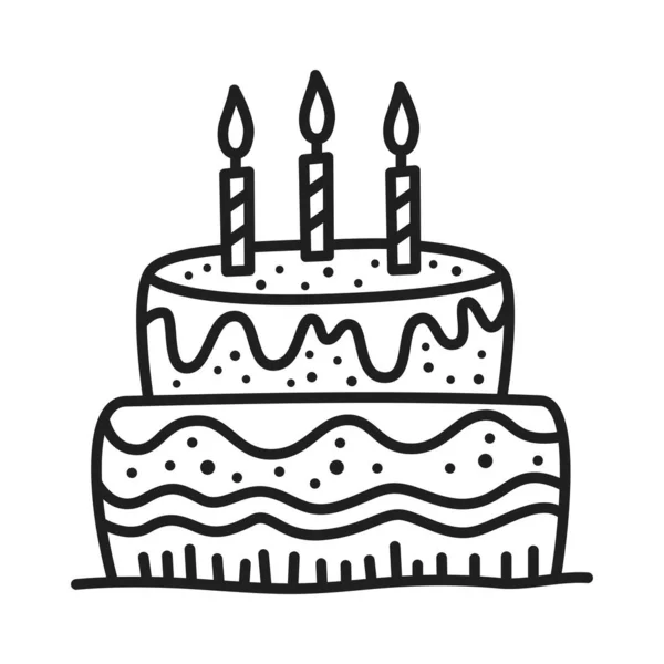 Schwarze Geburtstagstorte Doodle Zeichnung Auf Weißem Hintergrund — Stockvektor