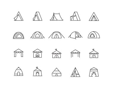 Simge çadırı. Beyaz arkaplanda izole edilmiş düzenlenebilir vektör piktogramları.