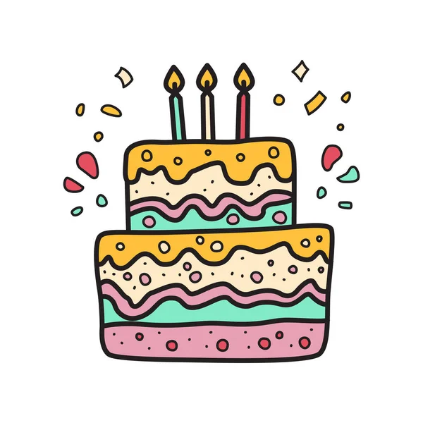 Doodle Stil Geburtstagstorte Zeichnung Bunte Cartoon Kuchen Für Party — Stockvektor