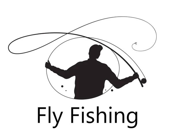Drawing Man Throwing Fly Fishing Rod Outdoor Activities Black Silhouette — Stock Vector