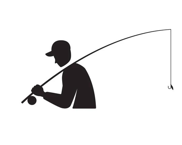 垂钓者手持钓竿 渔民标志 头戴帽子的男子侧图 头戴户外渔具的半人影 — 图库矢量图片