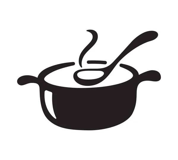 Black Pot Ladle Draw Cooking Soup Boiling Stew Pot Vector — Stock Vector