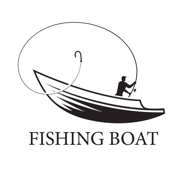 Teknede Bir Balıkçı Çizimi Balıkçı Teknesi Logosu Balıkçılık Etkinliği Sembolü — Stok Vektör