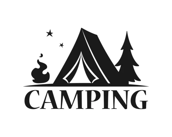 Logo Kampı Gece Ormanda Çadır Çizimi Şenlik Ateşi — Stok Vektör
