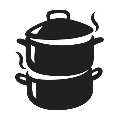 Black steamer icon with hot steam, hand drawn illustration.