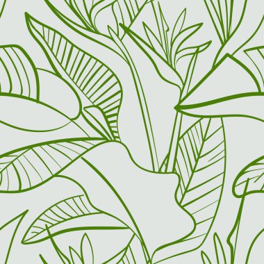 Tropikal bitkiler, strelitzia çiçekleri, vektör çizgisi sanatı ile kusursuz desen