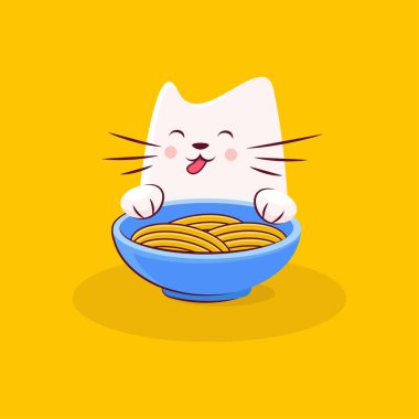 Cute cat character enjoys tasty ramen