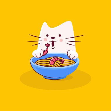 Cute cat character enjoys tasty ramen