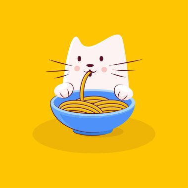 Cute cat character enjoys tasty ramen