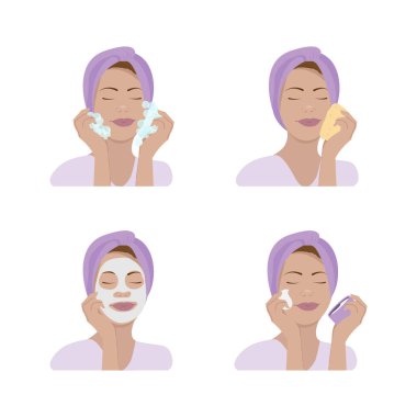Set of 4 characters for beauty and skin care concept. Young woman washing face, moisturizing, applying mask and cream. Can be used for cosmetology, hygiene, washing up, spa logo designs.