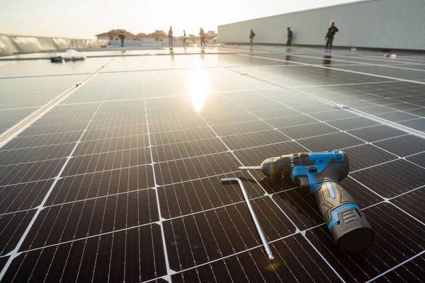 Equipment of instruments for mounting and connecting solar photovoltaic system. Roof top solar concept. Concept of installing and repairing solar panels.