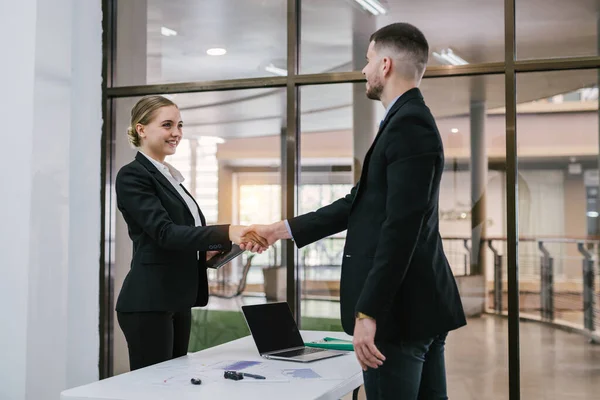 stock image Success business people shaking hands, finishing up a meeting. Concept of successful business people shaking hands.