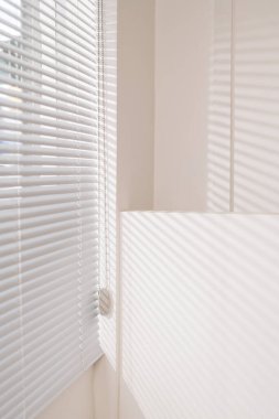 Ofisin pencere perdelerinin dikey görüntüsü.