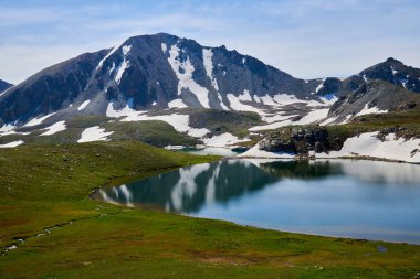 Yüksek irtifada güzel mavi dağ gölleri. Güzel dağ manzaraları. Kazakistan 'daki Kensu vadisinde göller vadisi. Almaty bölgesi.