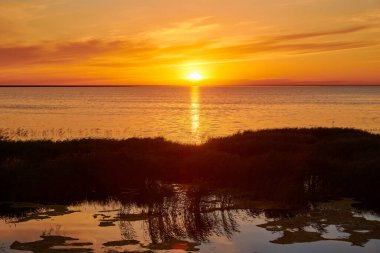Gün batımında Sultankeldy Gölü manzarası. Göl Astana 'nın 170 km güneybatısındaki Korgalzhyn Eyaleti Doğa Koruma Alanı' nda yer almaktadır. Kazakistan.