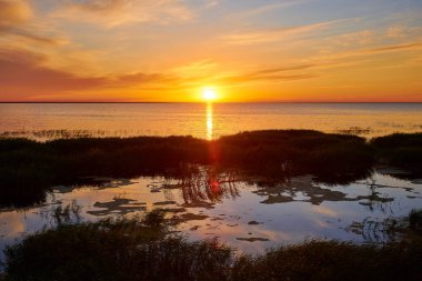 Gün batımında Sultankeldy Gölü manzarası. Göl Astana 'nın 170 km güneybatısındaki Korgalzhyn Eyaleti Doğa Koruma Alanı' nda yer almaktadır. Kazakistan.