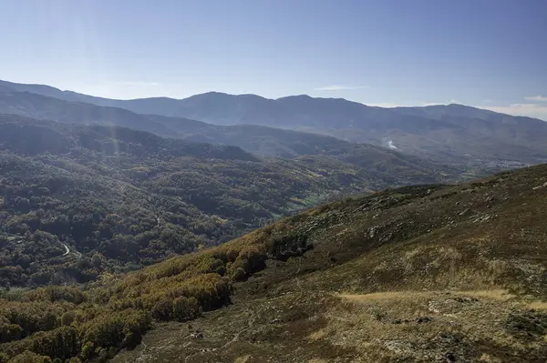 Aerial Drone view autumnal mountainous landscape with sun, trees, plants and rocks in the north of Extremadura, Spain. Concept of healthy free life, travel, sports, fun and adventure.