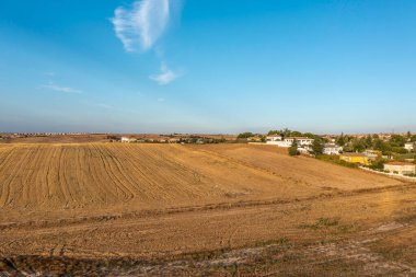 Aracın, ağaçların ve evlerin işaretlendiği kuru çimenlerle dolu İHA yaz manzaralı hava manzarası. Kırsal yaşam, özgür, sağlıklı ve ulaşım konsepti. Yatay fotoğraf ve seçici odak