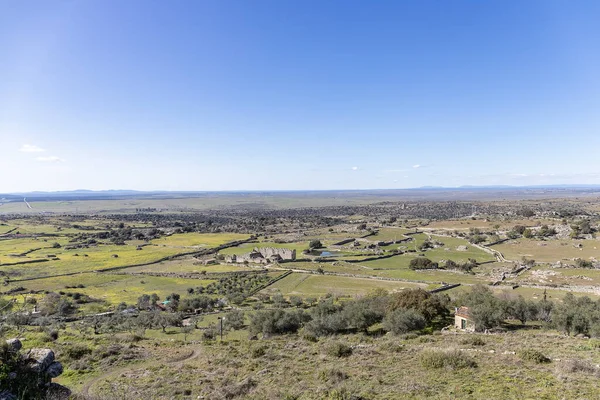 stock image Panoramic view of the outskirts of the majestic and impressive monumental town of Trujillo, Extremadura, Spain. Travel, vacation, fun, gastronomy, sport and adventure concept.