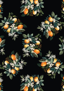 Siyah zemin üzerinde tropik çiçekler, böğürtlenler ve dallar olan dikişsiz suluboya deseni. el boyaması illüstrasyon