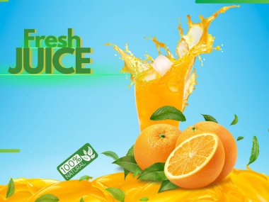 Portakal suyu reklamları afiş kartının ferahlatıcı yaz içeceğinin portakal dilimlerini yakından çek 