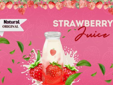 Çilekli süt, meyve suyu bir şişe çilek suyu ile bir poster.