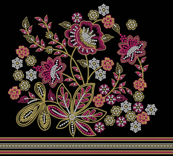Uma Bela Ilustração Bordado Floral Com Flores Coloridas Moda Folhas — Fotografia de Stock