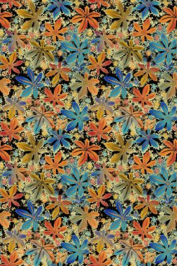 Renkli çiçekleri ve giyim tasarımı için yaprakları olan güzel, soyut bir çiçek tasarımı. Fantezi çiçekli kusursuz desen, doğal duvar kağıdı, çiçek desenli kıvrım çizimi. el çizimi ögeler. 