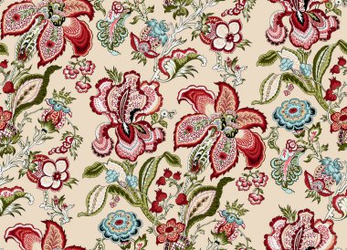 Renkli çiçekleri ve giyim tasarımı için yaprakları olan güzel, soyut bir çiçek tasarımı. Fantezi çiçekleri ile kusursuz desen, 