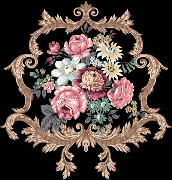 一个美丽的抽象花卉组成与巴洛克和花与五彩缤纷的流行花和树叶的服装设计 幻想花卉 天然壁纸 花卉装饰卷曲插图 手绘元素 — 图库照片