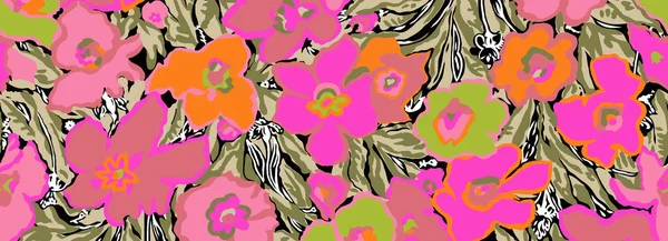 Красивый Бесшовный Цветочный Дизайн Красивыми Трехцветными Цветами Листьями Дизайна — стоковое фото