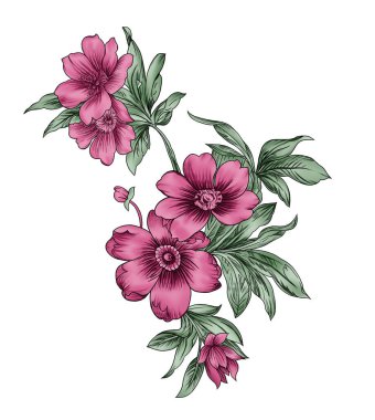 Renkli çiçekleri ve giysi tasarımı için yaprakları olan güzel, soyut bir çiçek tasarımı..