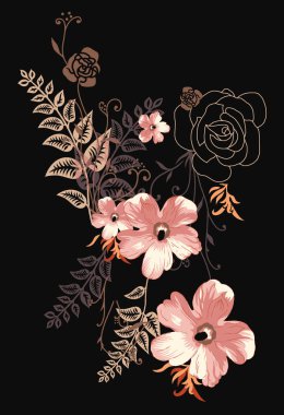 Renkli çiçekleri ve giysi tasarımı için yaprakları olan güzel, soyut bir çiçek tasarımı..