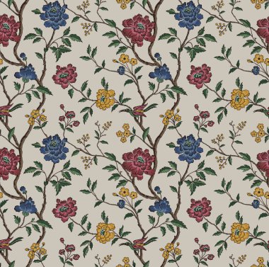 Renkli çiçekleri ve giyim tasarımı için yaprakları olan güzel, soyut bir çiçek tasarımı. Çiçek motifi, çiçek çizimi, çiçek kompozisyonu., 