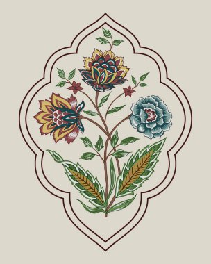 Renkli çiçekleri ve giyim tasarımı için yaprakları olan güzel, soyut bir çiçek tasarımı. Çiçek motifi, çiçek çizimi, çiçek kompozisyonu., 