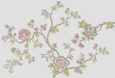 Renkli çiçekleri ve giyim tasarımı için yaprakları olan güzel, soyut bir çiçek tasarımı. Çiçek motifi, çiçek çizimi, çiçek kompozisyonu., 