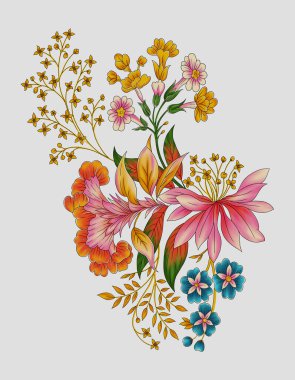 Renkli çiçekleri ve giyim tasarımı için yaprakları olan güzel, soyut bir çiçek tasarımı. Çiçek motifi, çiçek çizimi, çiçek kompozisyonu., 