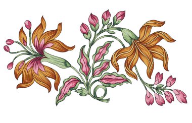 Renkli çiçekleri ve giyim tasarımı için yaprakları olan güzel, soyut bir çiçek tasarımı. Çiçek motifi, çiçek çizimi, çiçek kompozisyonu., 